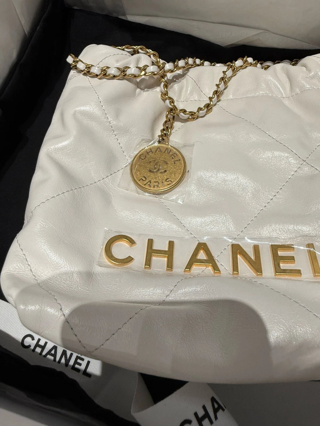 CHANEL 22 Mini Tote Shoulder Bag for Women White Gold