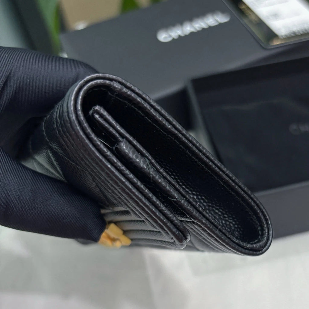 Chanel Leboy Calfskin Diamond Wallet Black Gold Used Women Classic