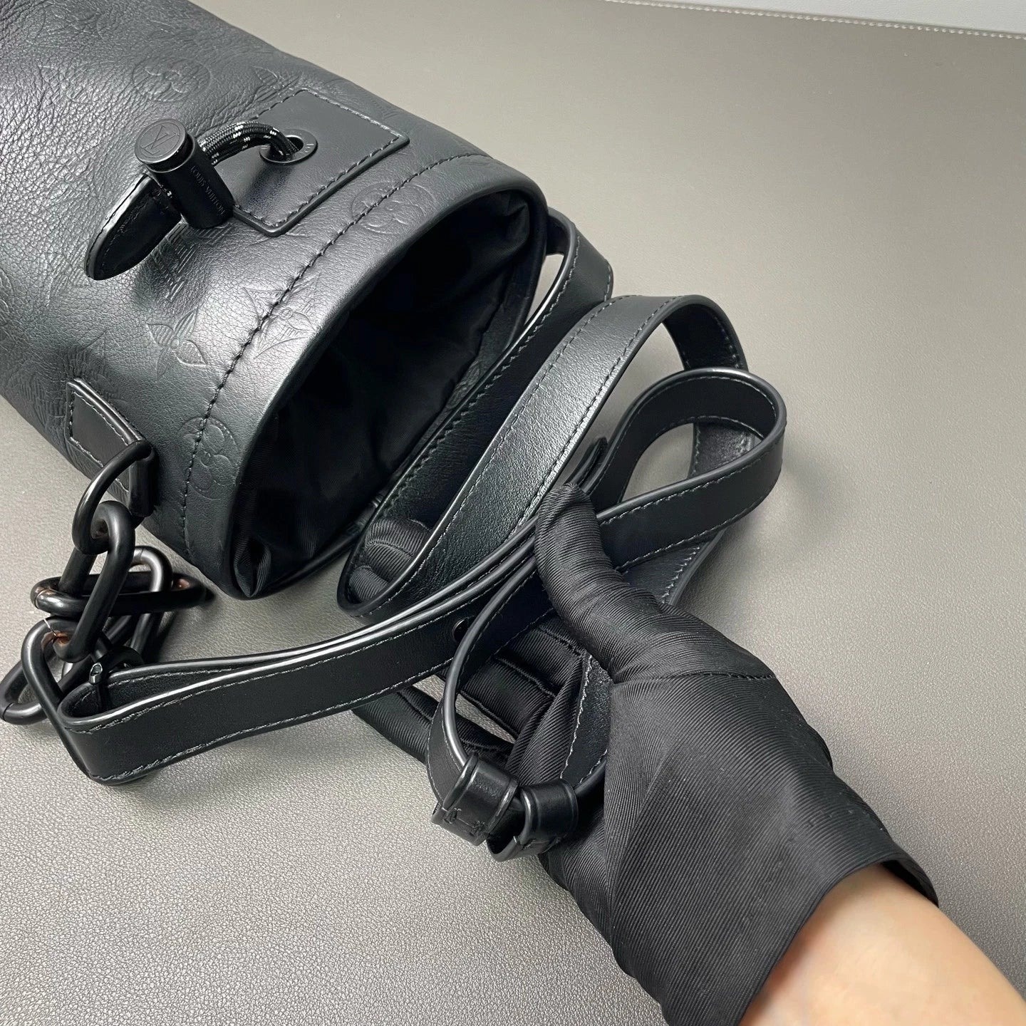 Louis Vuitton Black Embossed Chalk Nano Drawstring Bucket Crossbody Women