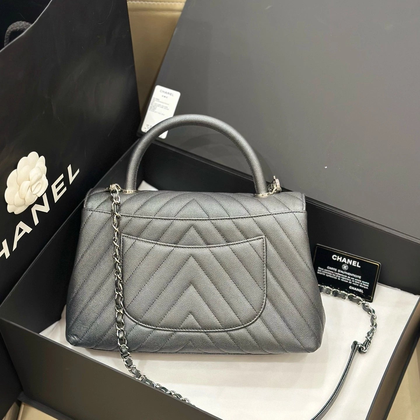 CHANEL Gray Caviar Leather Medium Coco Handle Bag For Women