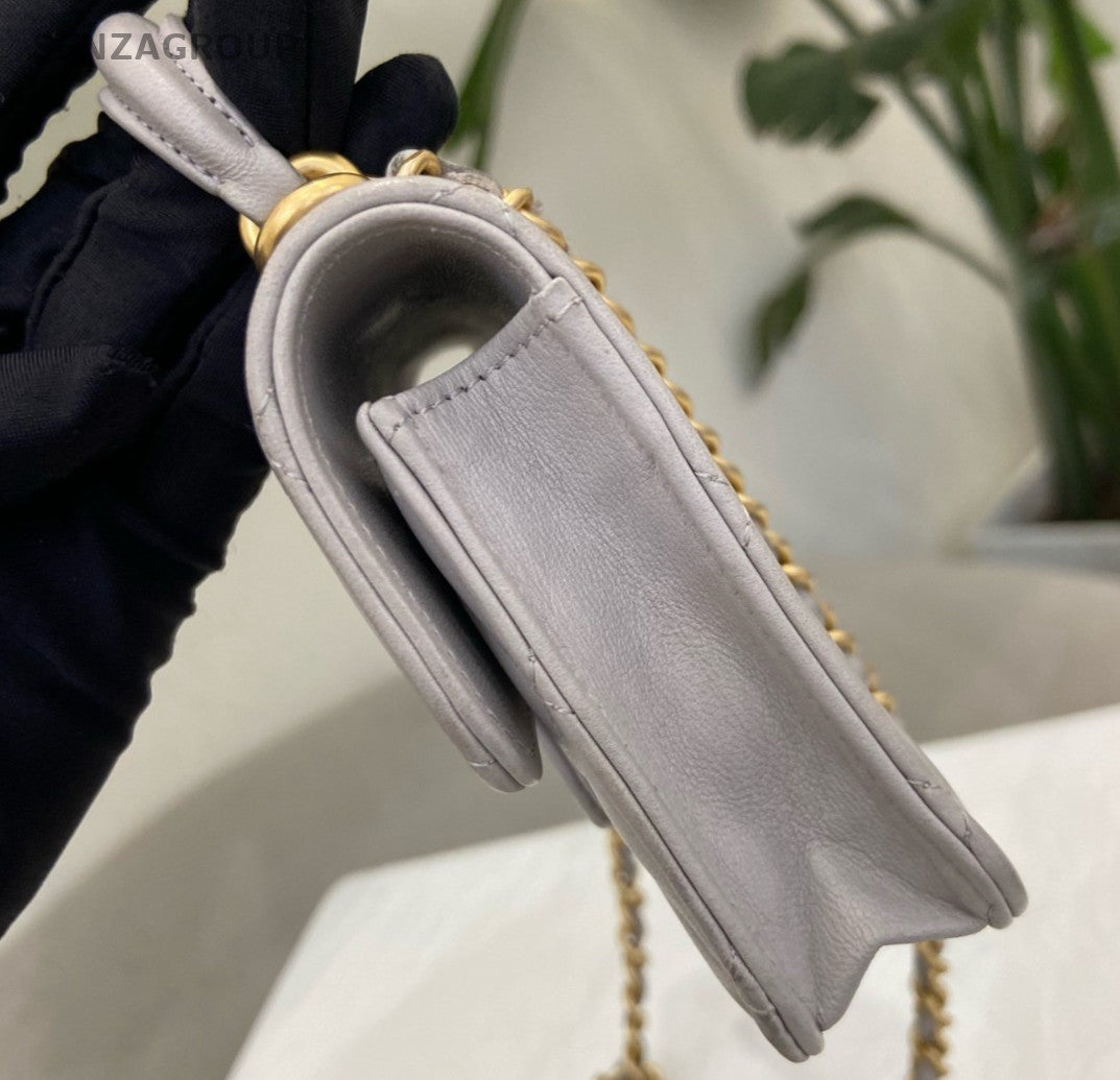 Chanel Lambskin Diamond Chain Shoulder Crossbody Gray Gold Used Women Classic