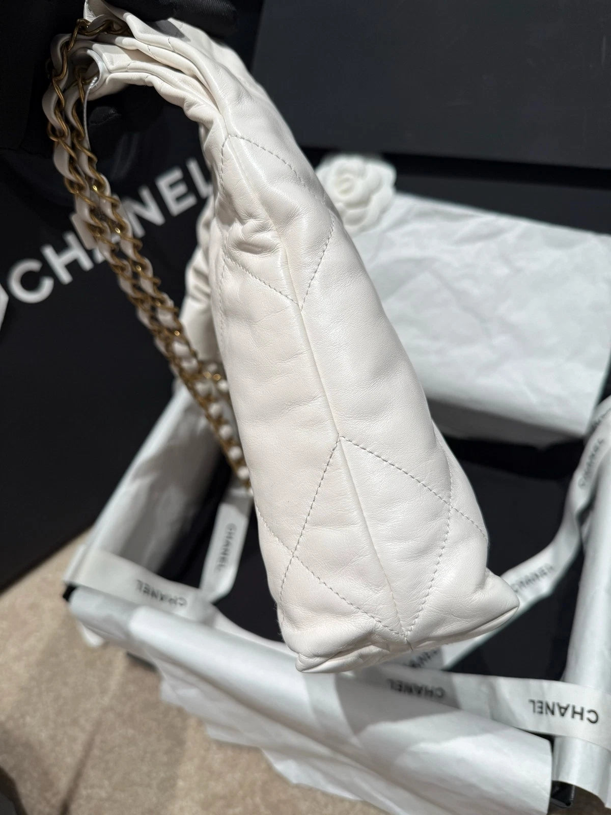 New Full Seal CHANEL Calfskin 22 Small 22Bag White Gold Tote Bag For Women