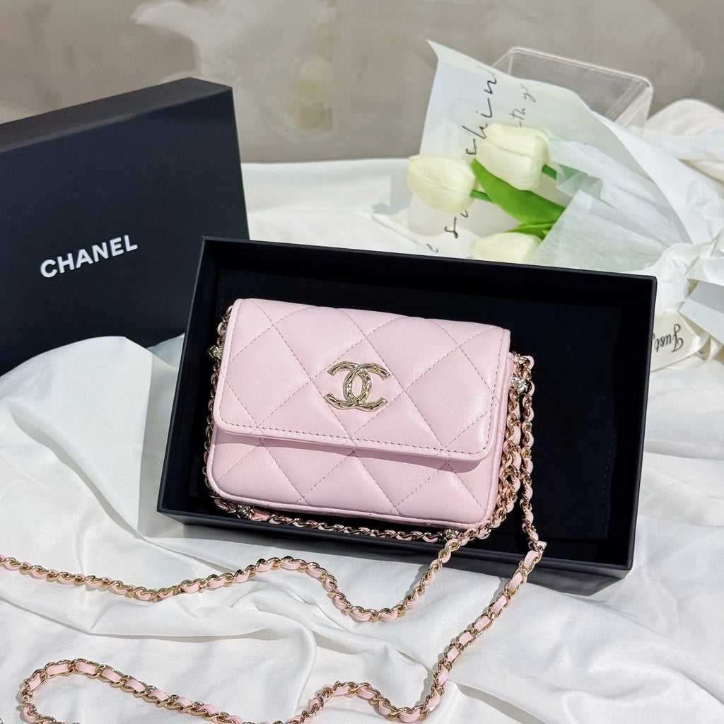 CHANEL Pink Leather Mini Chain Crossbody Bag For Women