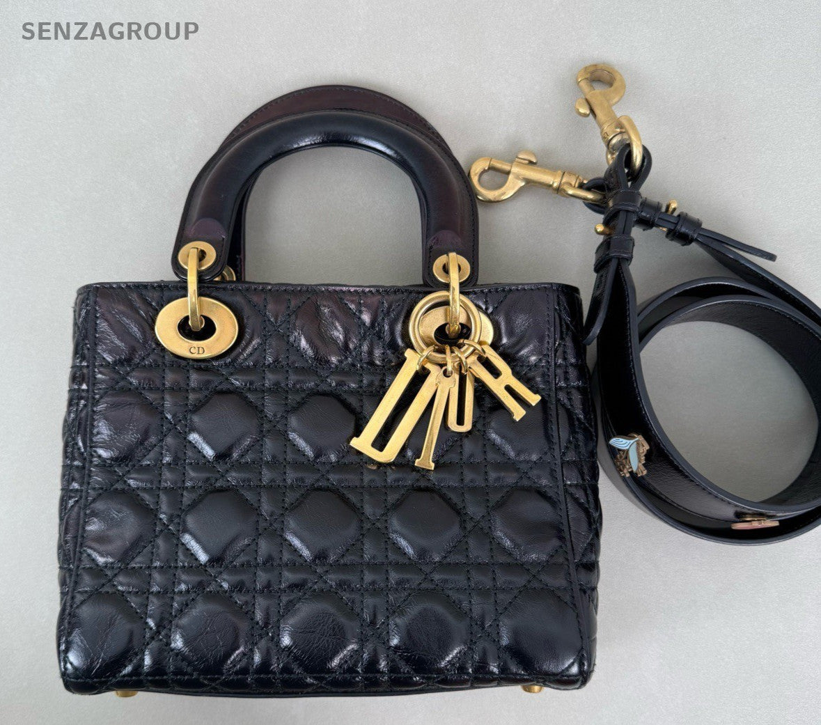 Christian Dior Lady Top Handle Oil wax leather 2way Shoulder bag Black Gold