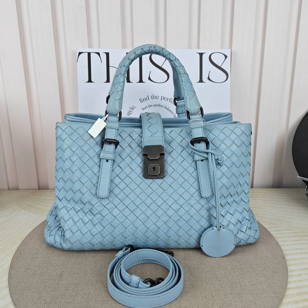 Bottega Veneta Blue Leather Woven Small Roma Tote Handbag For Women