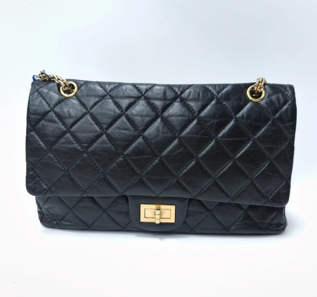 Chanel 2.55 GM Calfskin Chain Shoulder Bag Crossbody Deep Blue Gold Women