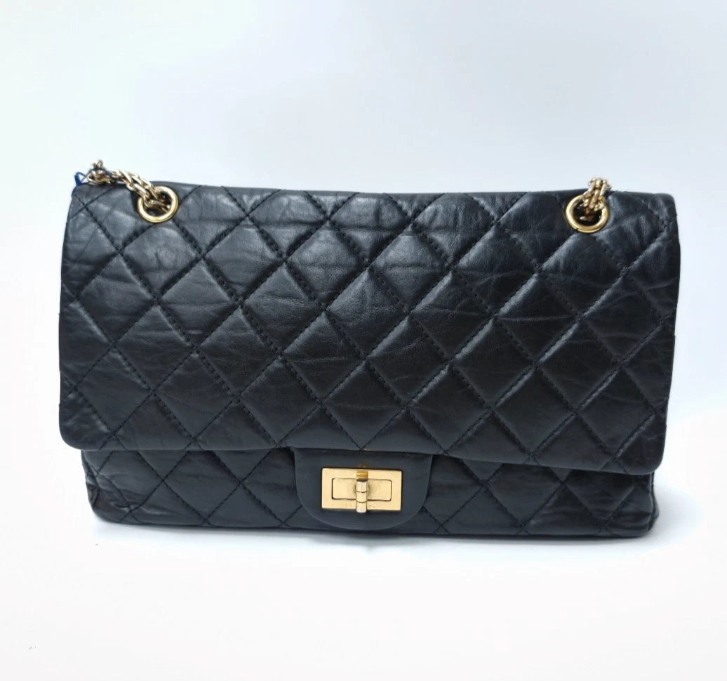 Chanel 2.55 GM Calfskin Chain Shoulder Bag Crossbody Deep Blue Gold Women