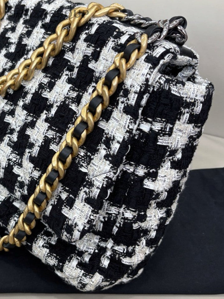 Chanel 19Bag Maxi Chain Shoulder Bag Black White Gold Used Women Classic