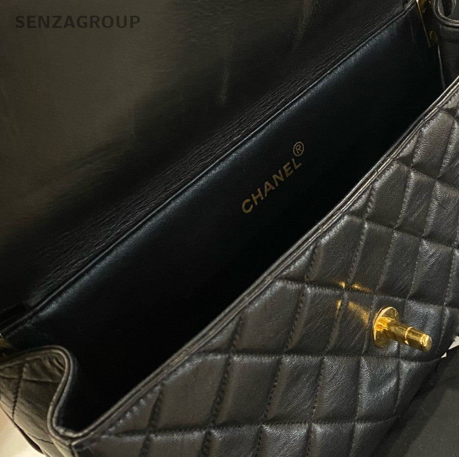 Chanel Classic Flap Vintage MM Top Handle Bag Black Gold Women Designer