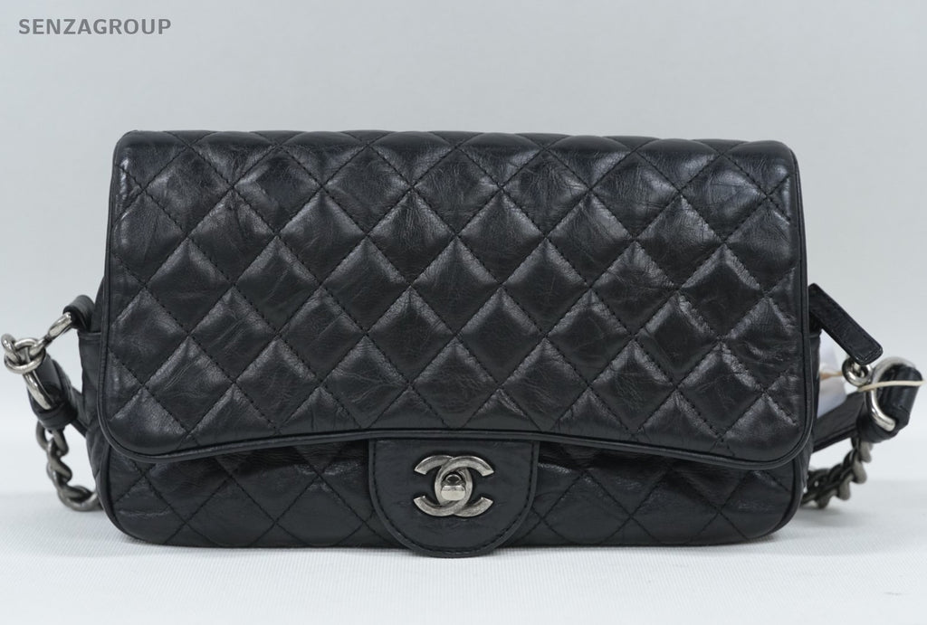 CHANEL Classic Flap MM Oil waxed leather Chain Shoulder bag Black Silver Classic