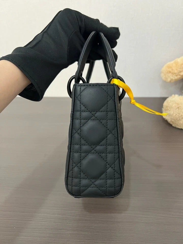 Dior Black Leather 3-Grid Lady Dior Top Handle Bag For Women