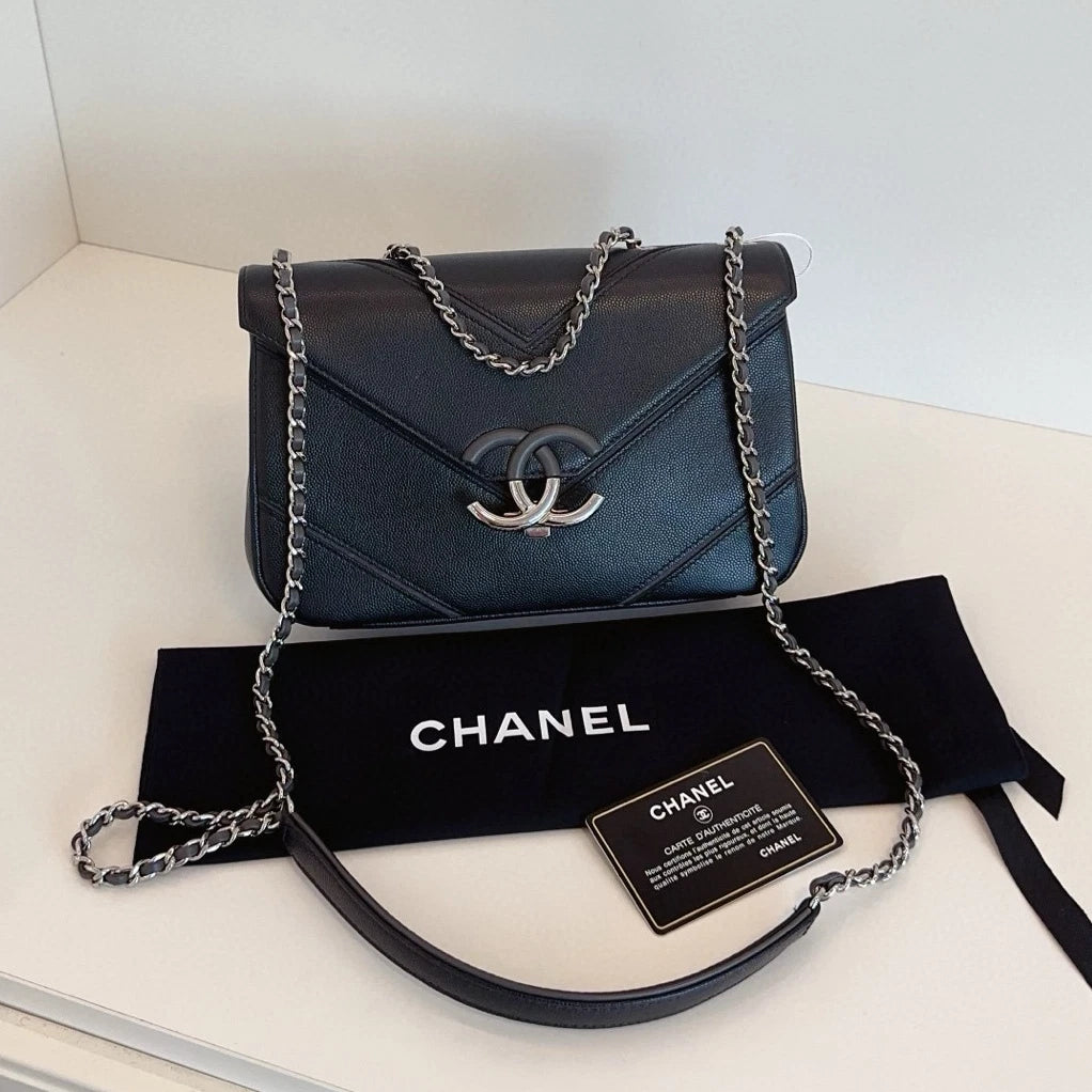 Chanel Cuba MM Chain Shoulder Crossbody Black Silver Women Classic