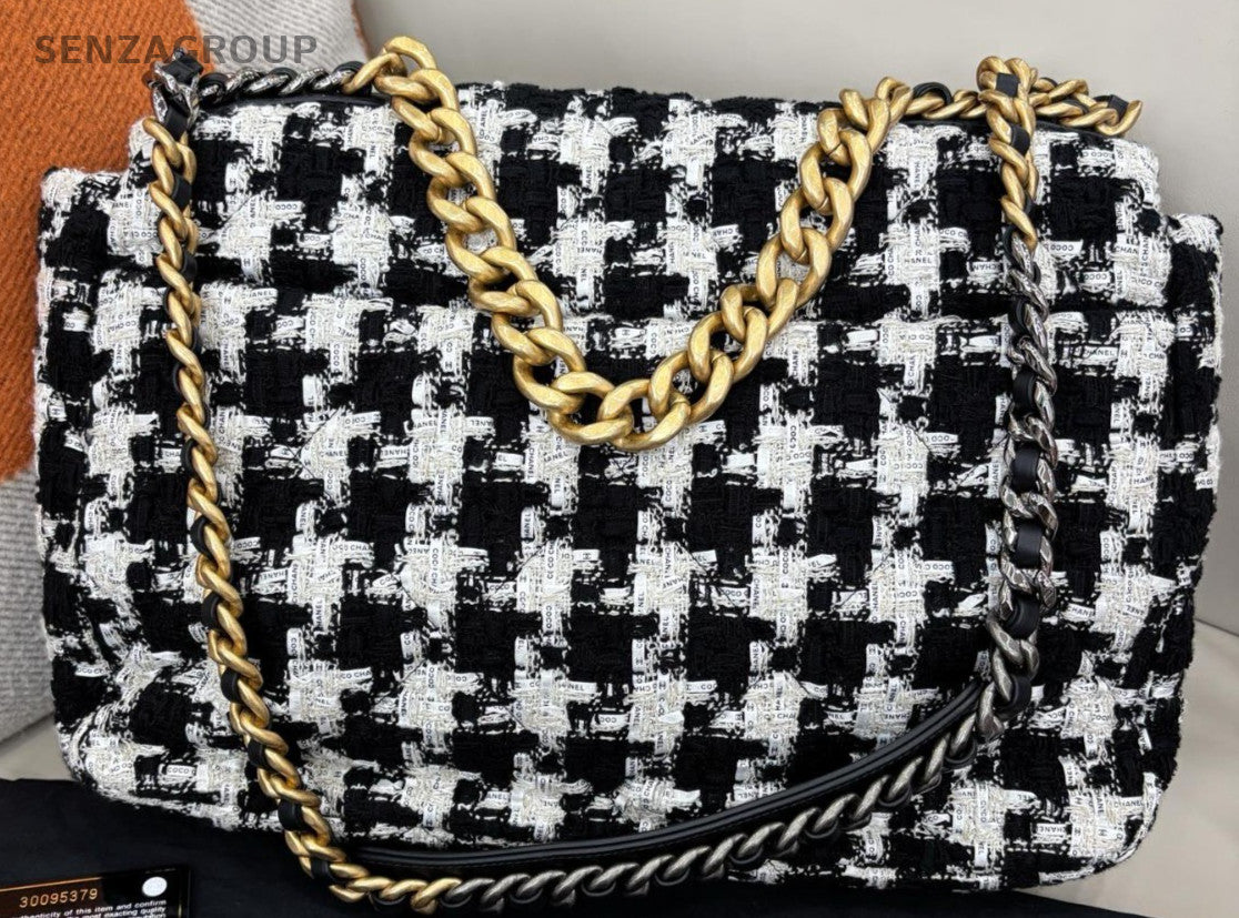 Chanel 19Bag Maxi Chain Shoulder Bag Black White Gold Used Women Classic