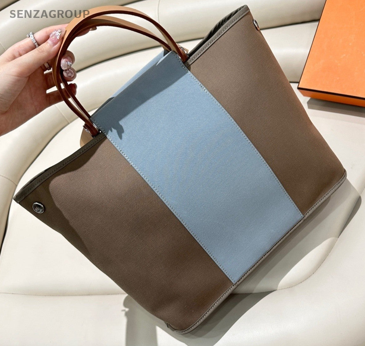 Hermès Canvas Leather Top Handle Shoulder Bag Women Gray