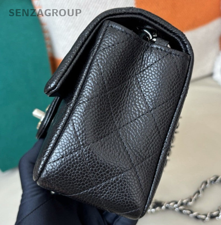 Chanel Classic Flap Chain Mini Shoulder Bag Crossbody Black Silver Diamond Women