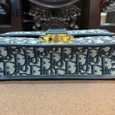 Dior Montaigne Oblique Denim Blue Gold Medium Shoulder Bag Women Classic