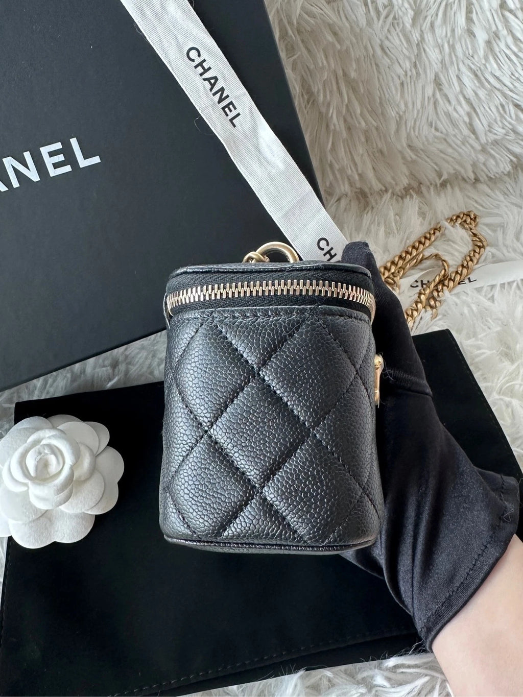 Chanel Black Leather Heart Button Mini Square Box Bag For Women