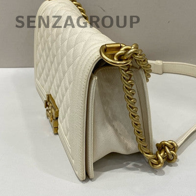 Chanel Le Boy Medium White Gold Calfskin Chain Shoulder Crossbody Bag