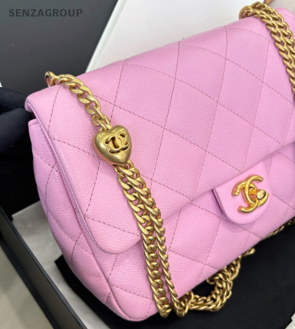 Chanel Classic Flap Calfskin Chain Shoulder Bag Pink Gold Diamond Women Fashion