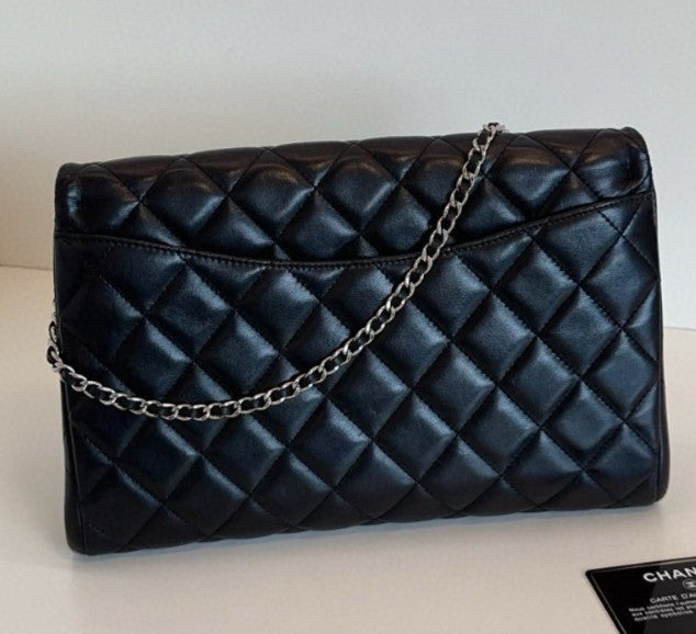Chanel Timeless Chain Lambskin Shoulder Bag Black Silver Diamond Women Classic