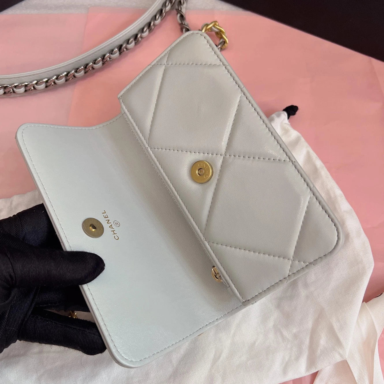 Chanel 19Bag WOC Mini Chain Top Handle Crossbody Gray Gold Used Women Classic