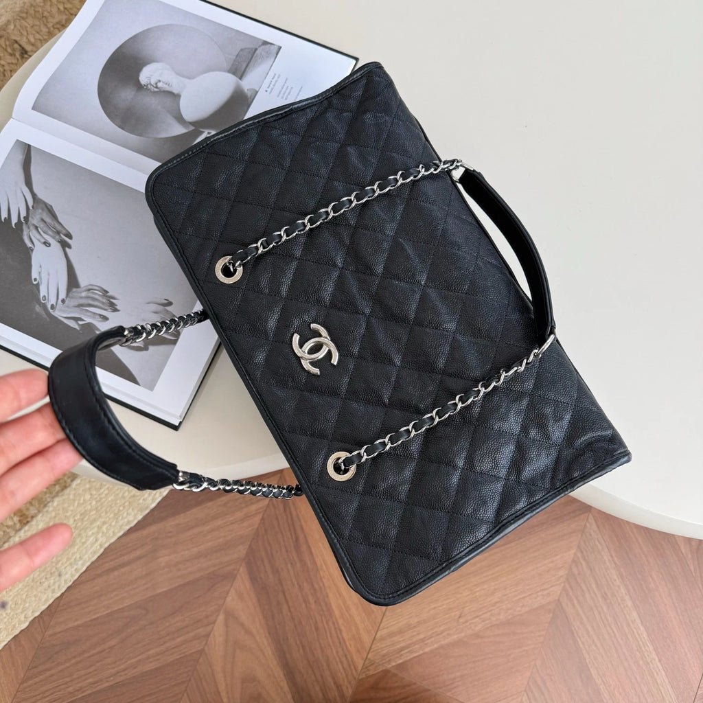 Chanel Calfskin Tote Chain Shoulder Bag Black Silver Diamond Women Classic
