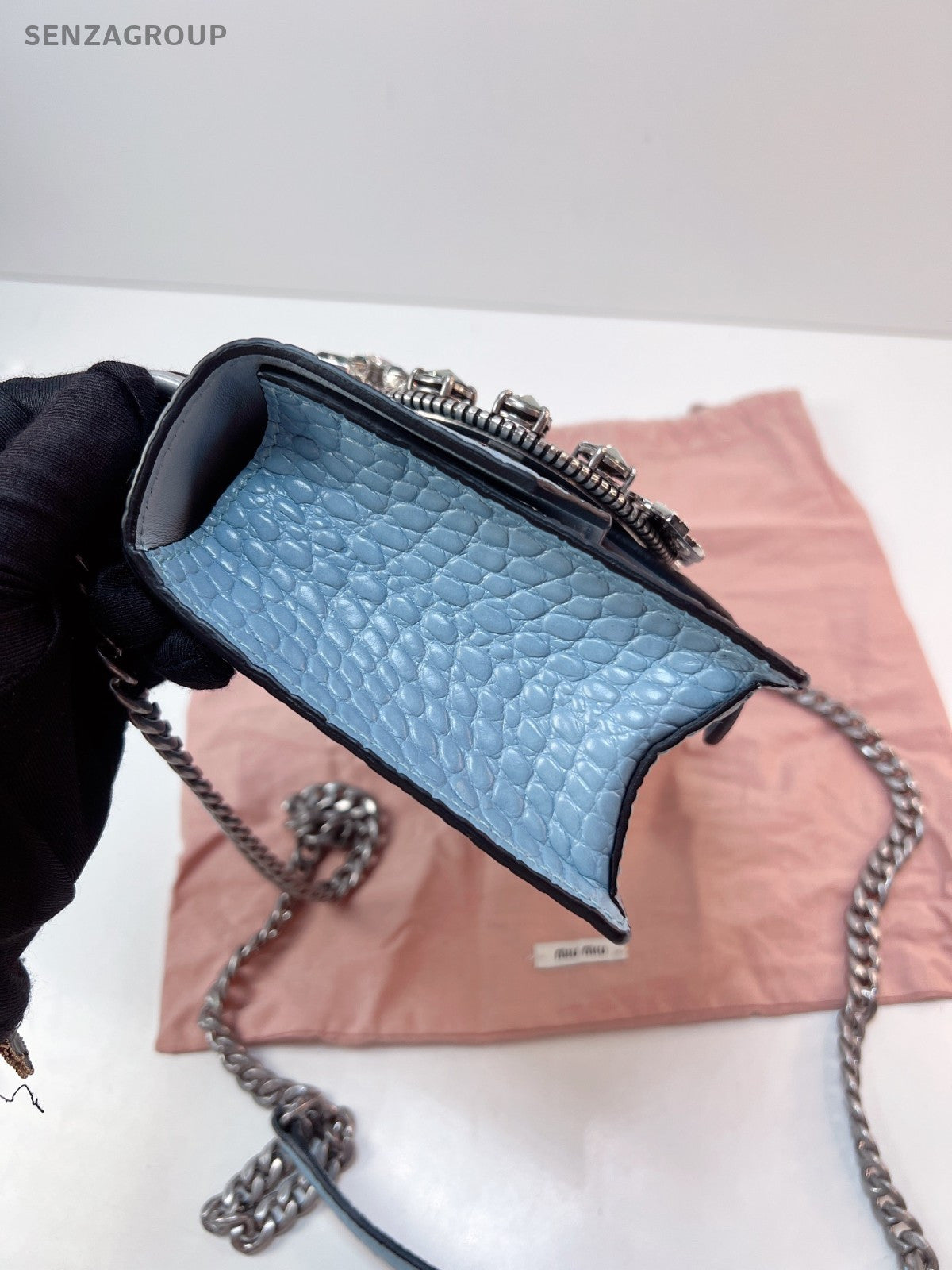 Miumiu miulady Clafskin Water Blue crystal Chain Strap Shoulder bag Brand NEW