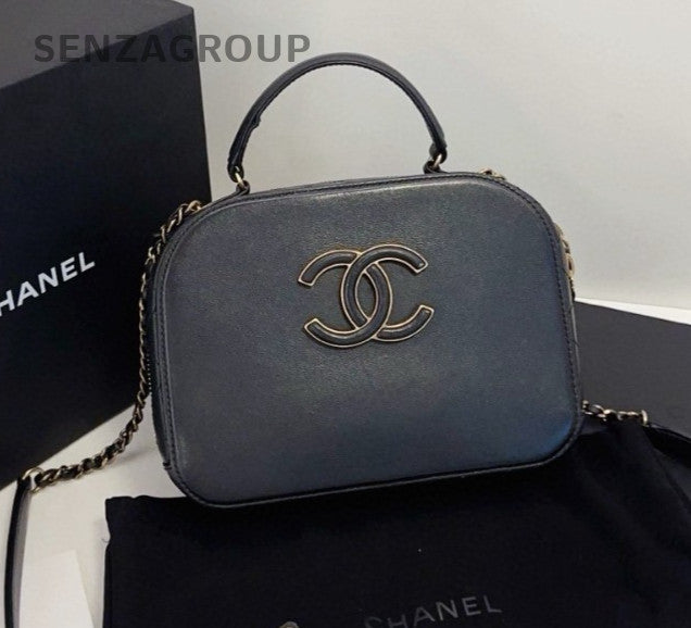 Chanel Camera Case Calfskin Top Handle Bag Chain Crossbody Black Gold Women