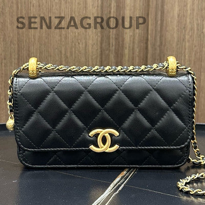Chanel WOC Chain Shoulder Crossbody Bag Black Gold Quilted Classic
