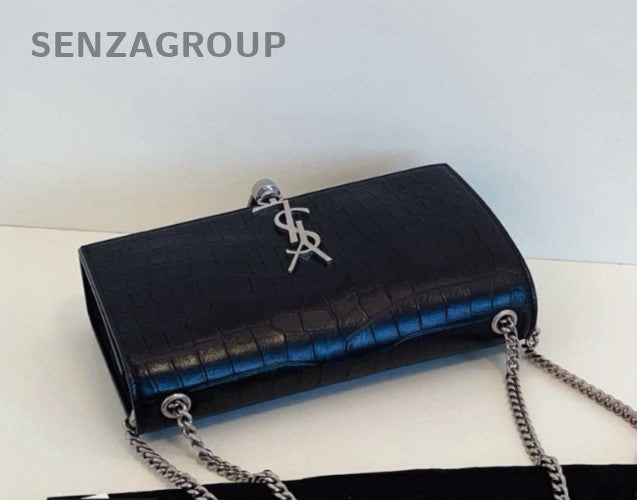 YSL Saint Laurent Kate MM Alligator pattern Chain Shoulder bag Black Silver