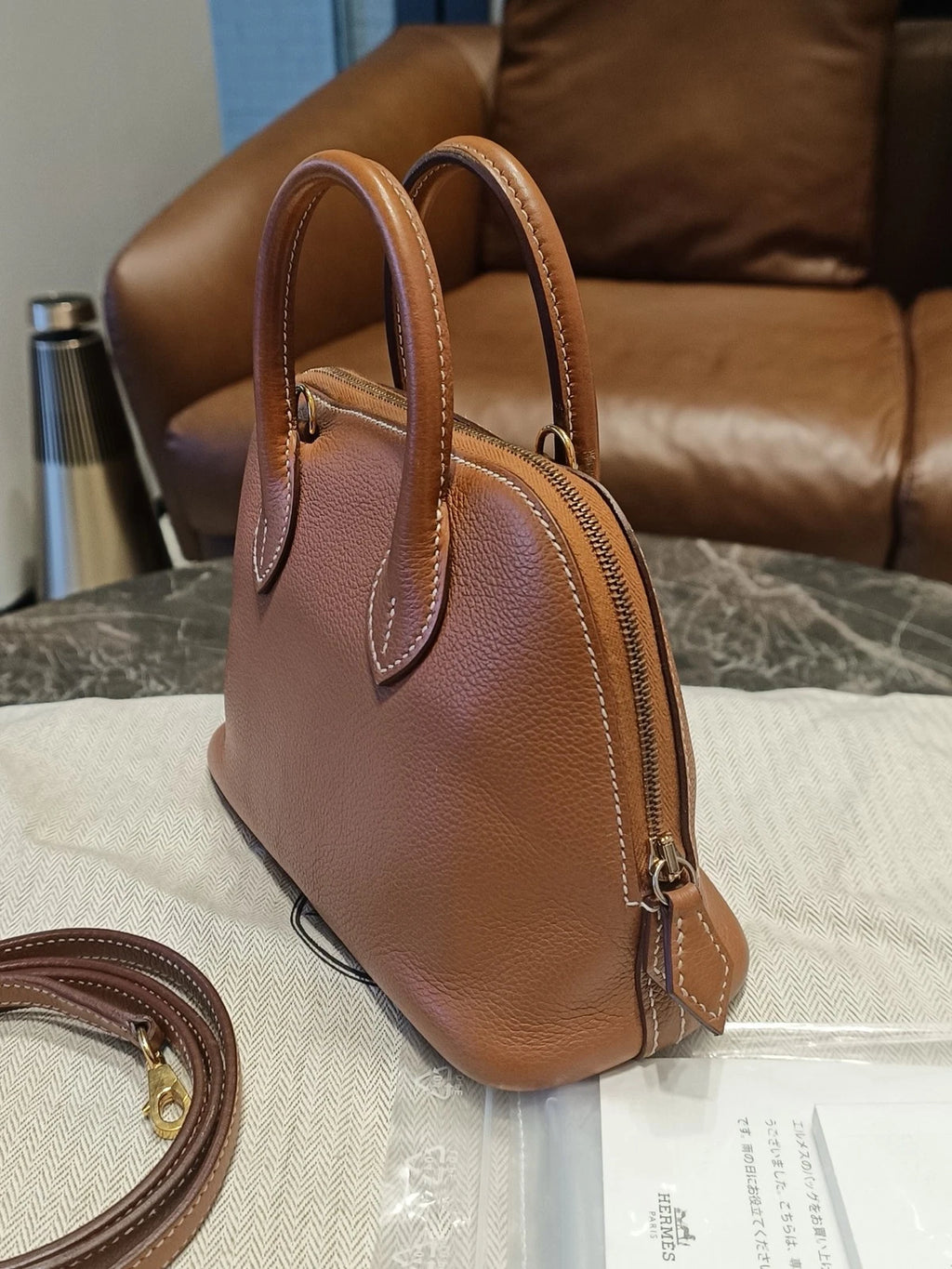 Hermes Bolide Mini Evercolor Leather Top Handle Crossbody Brown Gold Women