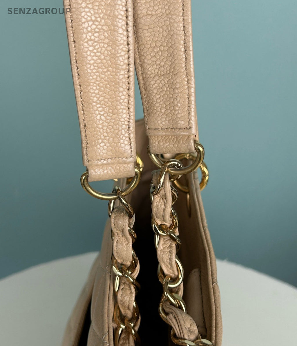 Chanel PST Chain Calfskin Diamond Shoulder Bag Beige Gold Women Classic