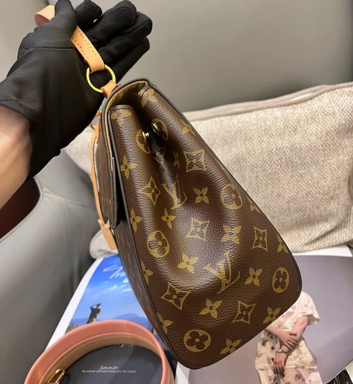 Louis Vuitton Cluny MM Monogram Top Handle Crossbody Brown Gold Women Classic