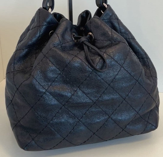 Chanel Calfskin Bucket Shoulder Bag Black Silver Diamond Women Classic Designer