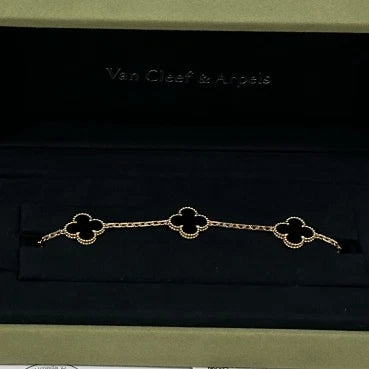 New Van Cleef &amp; Arpels Vintage Alhambra 5 Motifs Clover Bracelet Onyx 18k YG