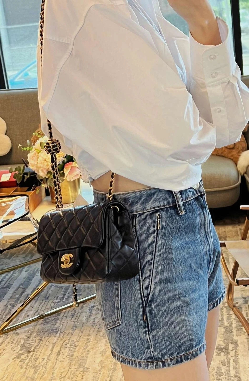 CHANEL Black Lambskin Gold Chain Square Crossbody Bag For Women