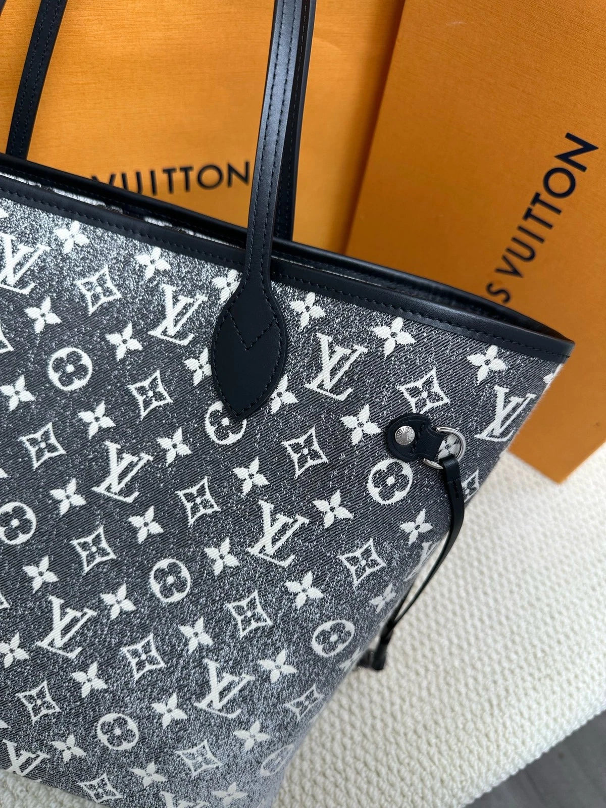 Louis Vuitton Neverfull Denim Black White Tote Bag Excellent