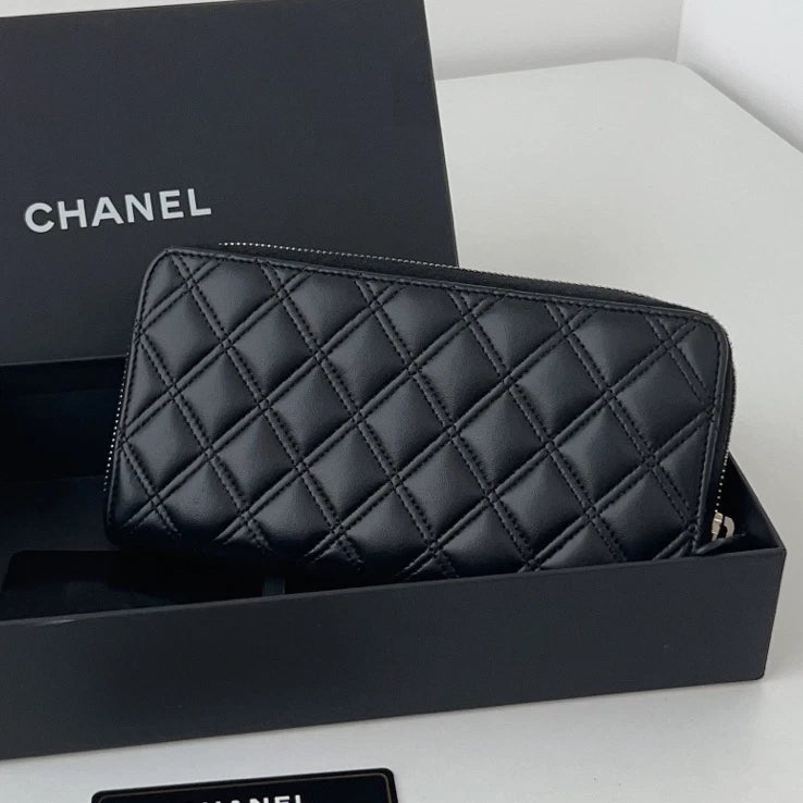Authentic Chanel Diamond Silver Zipper Black Long Wallet Clutch
