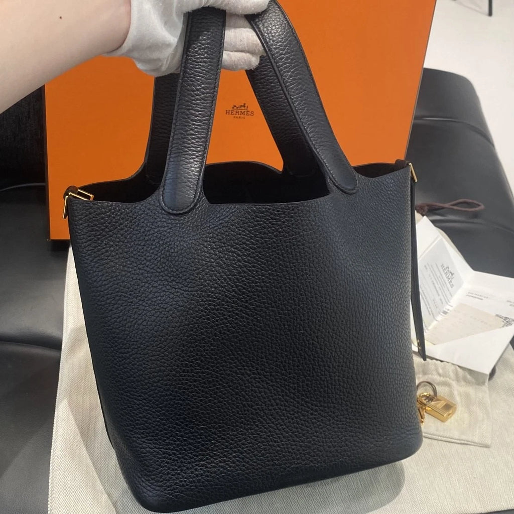 Hermes Picotin22 Togo Leather Top Handle Bag Black Gold Women Classic Fashion D