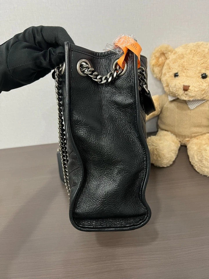 YSL Black Silver Leather Shopping Tote Bag For Women
