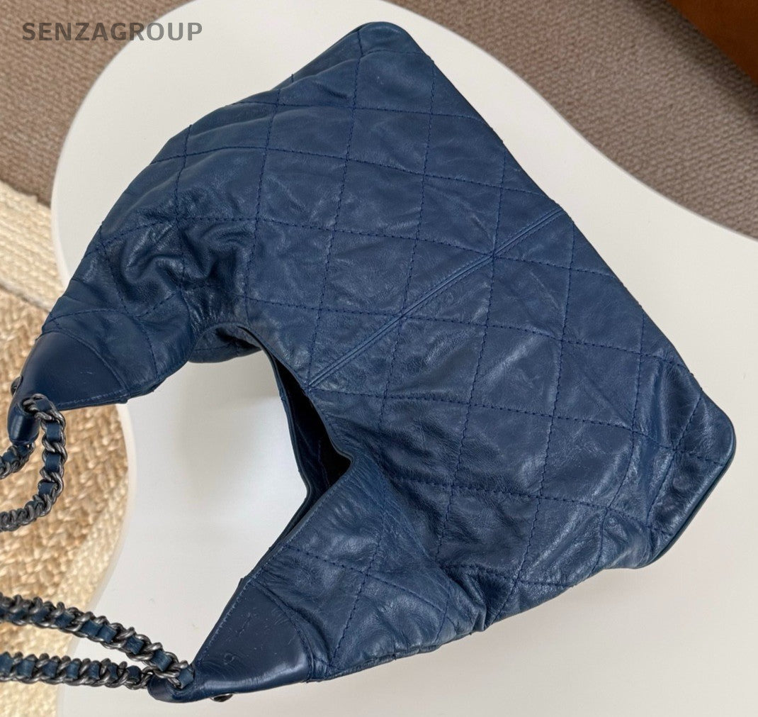Chanel Diamond Hobo Chain Shoulder Bag Blue Silver Women Classic