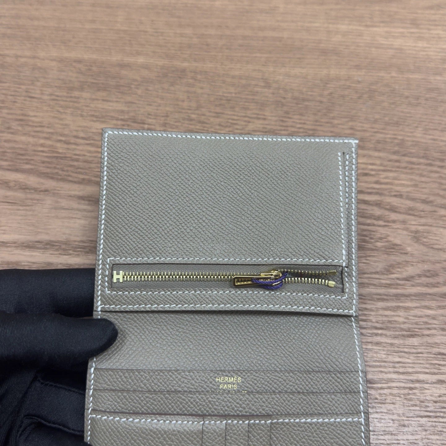 Hermes Bearn Wallet Grey Gold Women Classic
