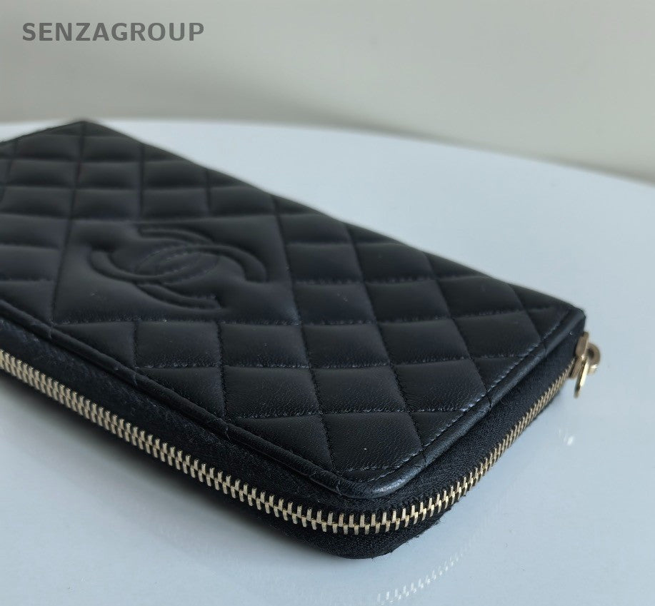 CHANEL CC Logo Long Wallet Diamond Pattern Black Silver