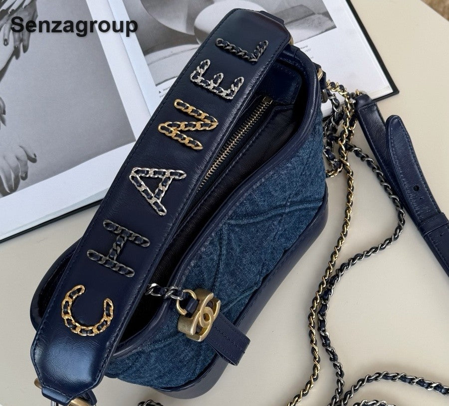 Chanel Gabrielle PM Denim Chain Shoulder Bag Crossbody Blue Gold Women Classic