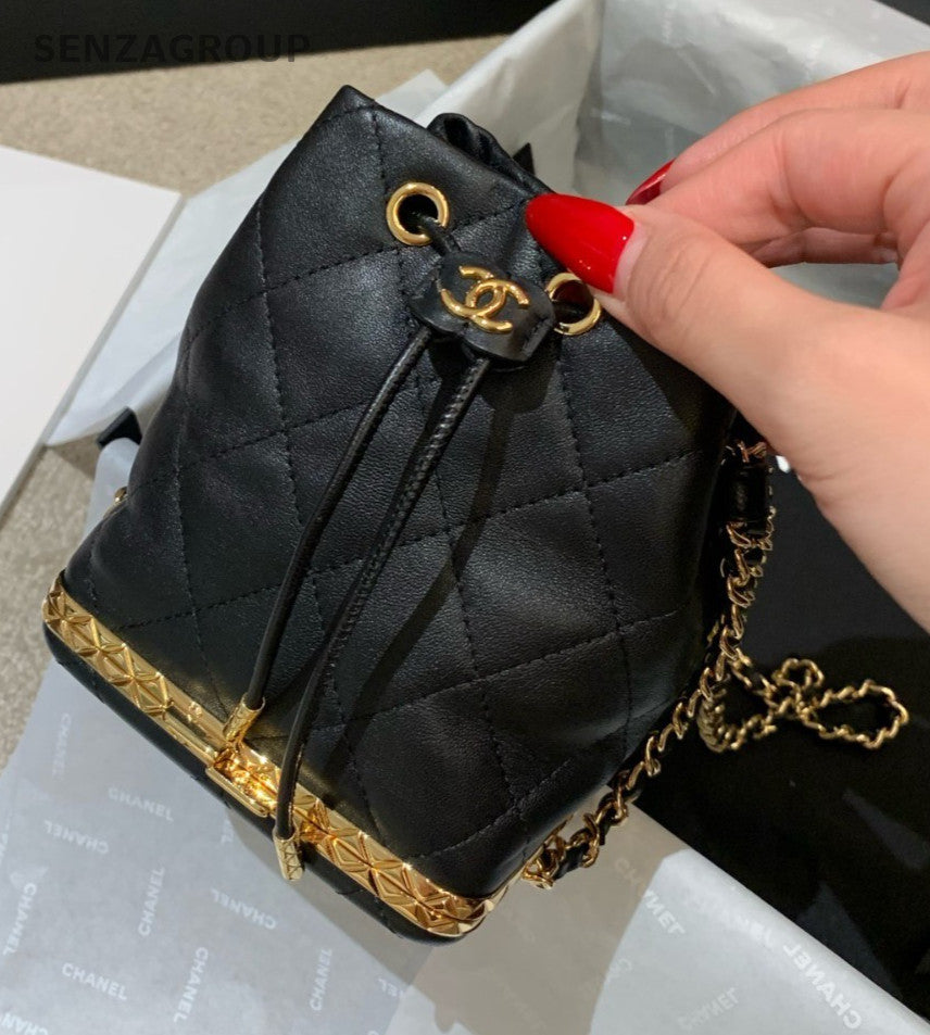 CHANEL Bucket Drawstring Lambskin Diamond Pattern Chain Shoulder bag Black Gold