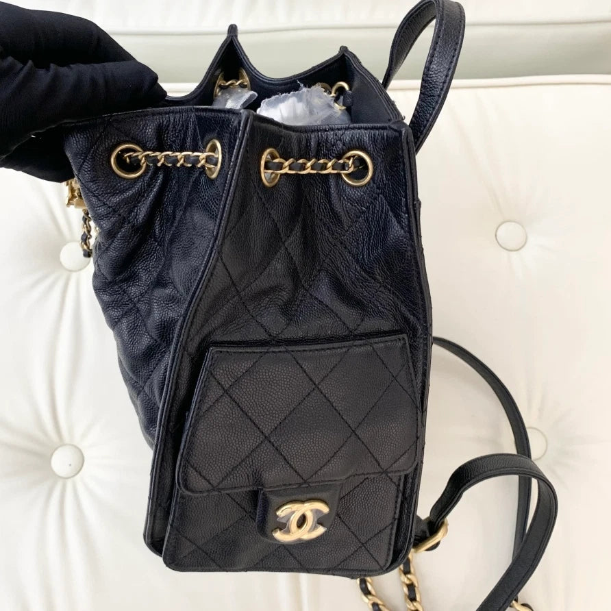 Chanel Calfskin Backpack PM Diamond Chain Top Handle Bag Black Gold Women S