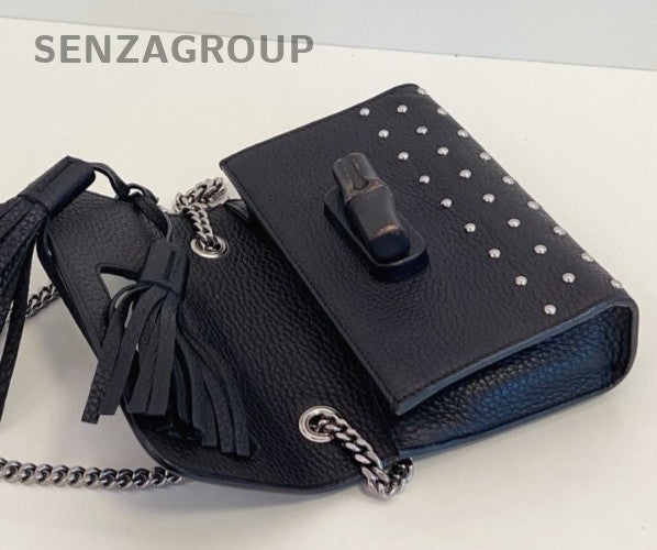 Gucci Miss Bamboo Chain Shoulder Bag Black Silver Women Classic Fashion
