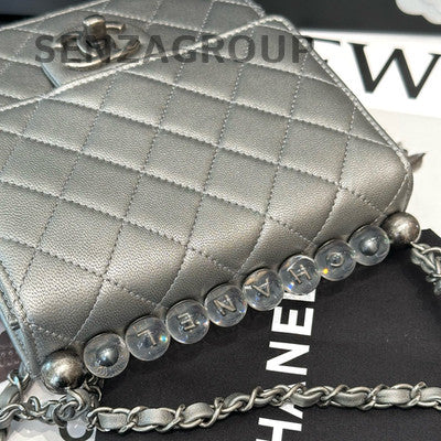 Chanel Grey Quilted Bag with Silver Pearl Chain Strap