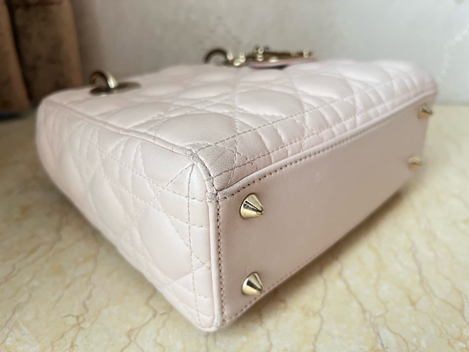 Christian Dior Lady PM Lambskin in Rose Pink with Wicker pattern Top Handle bag