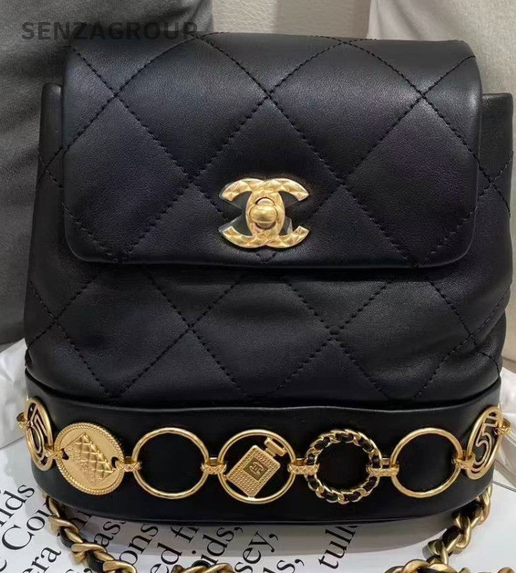 Chanel Calfskin Chain Gold Coin Backpack Black Diamond Used Women Classic